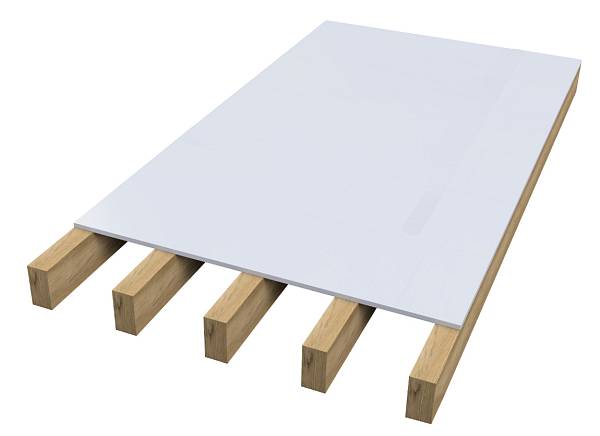 Modelldarstellung von einer GIFAfloor PRESTO Platte auf Holzbalken.